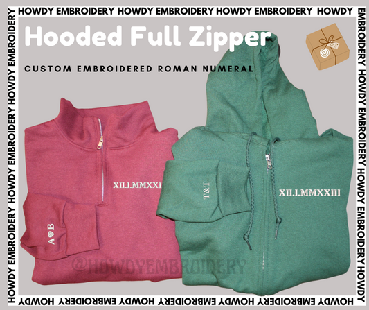 Custom Embroidered Roman Numeral Hooded Full Zip